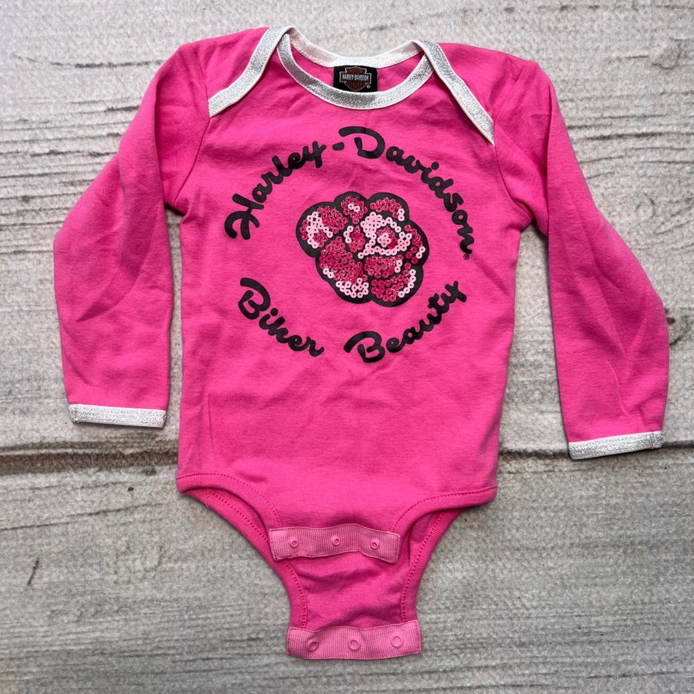 Harley Davidson Baby Girls Pink Long Sleeve Onesie 6 9 Months